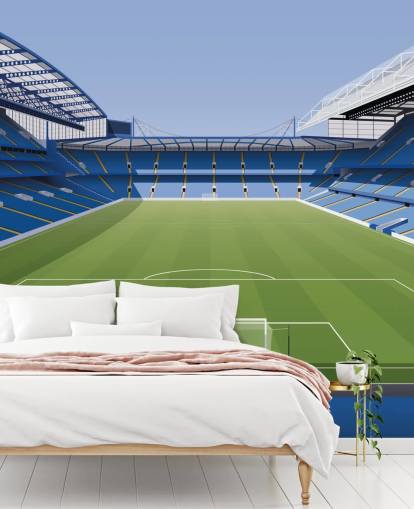 sininen ja vihreä Chelsea-taustakuvamaalaus nimeltä Stamford Bridge Football Stadium, kirjoittanut Matthew J I Wood Design & Illustration lasten makuuhuoneisiin