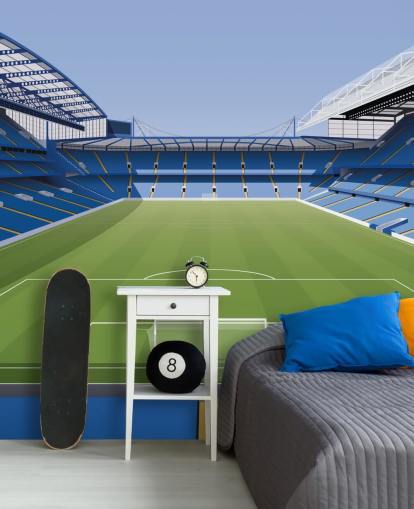 blå og grøn Chelsea tapetmaleri kaldet Stamford Bridge Football Stadium af Matthew J I Wood Design & Illustration til børns soveværelser blå og grøn Chelsea tapetmaleri kaldet Stamford Bridge Football Stadium af Matthew J I Wood Design & Illustration til børns soveværelser