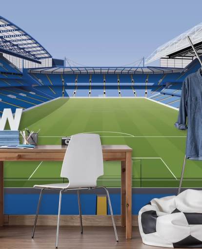 blue and green Chelsea wallpaper mural called Stamford Bridge Football Stadium by Matthew J I Wood Design & Illustration for kids bedrooms blue and green Chelsea wallpaper mural called Stamford Bridge Football Stadium by Matthew J I Wood Design & Illustration for kids bedrooms