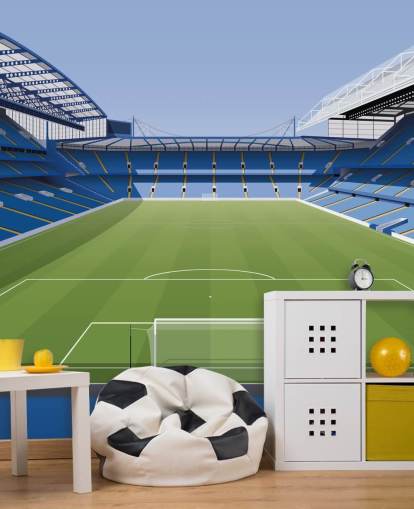 sininen ja vihreä Chelsea-taustakuvamaalaus nimeltä Stamford Bridge Football Stadium, kirjoittanut Matthew J I Wood Design & Illustration lasten makuuhuoneisiin