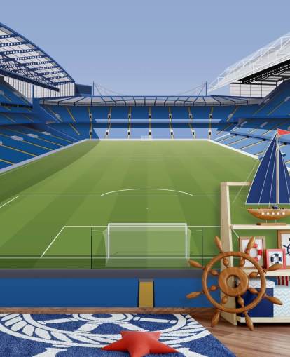 blå och grön Chelsea tapetväggmålning som heter Stamford Bridge Football Stadium av Matthew J I Wood Design & Illustration för barns sovrum blå och grön Chelsea tapetväggmålning som heter Stamford Bridge Football Stadium av Matthew J I Wood Design & Illustration för barns sovrum
