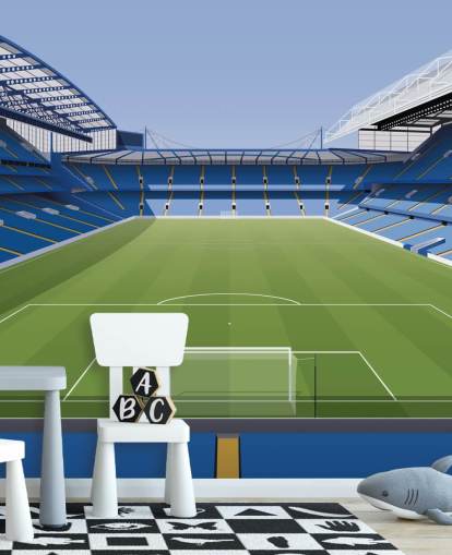 blauwe en groene Chelsea muurschildering genaamd Stamford Bridge Football Stadium van Matthew J I Wood Design & Illustration voor kinderkamers
