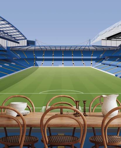 mural de papel de parede azul e verde do Chelsea chamado Estádio de Futebol Stamford Bridge, de Matthew J I Wood Design & Illustration para quartos infantis