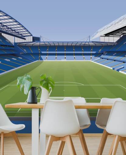 blå och grön Chelsea tapetväggmålning som heter Stamford Bridge Football Stadium av Matthew J I Wood Design & Illustration för barns sovrum