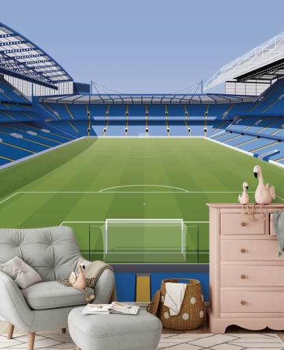mural azul y verde del Chelsea llamado Estadio de fútbol Stamford Bridge de Matthew J I Wood Diseño e ilustración para dormitorios de niños