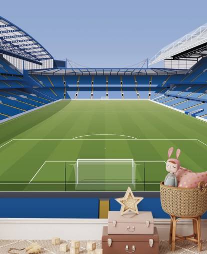 papier peint mural bleu et vert de Chelsea appelé Stamford Bridge Football Stadium par Matthew J I Wood Design & Illustration pour chambres d'enfants