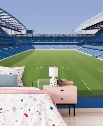 blue and green Chelsea wallpaper mural called Stamford Bridge Football Stadium by Matthew J I Wood Design & Illustration for kids bedrooms blue and green Chelsea wallpaper mural called Stamford Bridge Football Stadium by Matthew J I Wood Design & Illustration for kids bedrooms