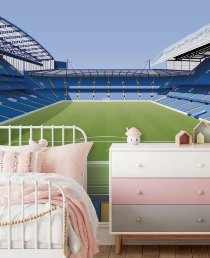 mural de papel de parede azul e verde do Chelsea chamado Estádio de Futebol Stamford Bridge, de Matthew J I Wood Design & Illustration para quartos infantis