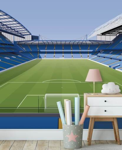 papier peint mural bleu et vert de Chelsea appelé Stamford Bridge Football Stadium par Matthew J I Wood Design & Illustration pour chambres d'enfants papier peint mural bleu et vert de Chelsea appelé Stamford Bridge Football Stadium par Matthew J I Wood Design & Illustration pour chambres d'enfants