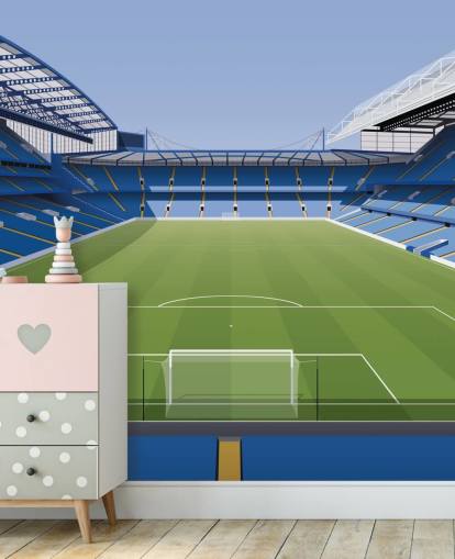 blauwe en groene Chelsea muurschildering genaamd Stamford Bridge Football Stadium van Matthew J I Wood Design & Illustration voor kinderkamers blauwe en groene Chelsea muurschildering genaamd Stamford Bridge Football Stadium van Matthew J I Wood Design & Illustration voor kinderkamers