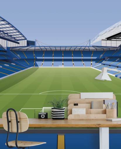 blått og grønt Chelsea tapetmaleri kalt Stamford Bridge Football Stadium av Matthew J I Wood Design & Illustrasjon for barnerom