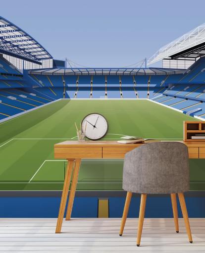 sininen ja vihreä Chelsea-taustakuvamaalaus nimeltä Stamford Bridge Football Stadium, kirjoittanut Matthew J I Wood Design & Illustration lasten makuuhuoneisiin
