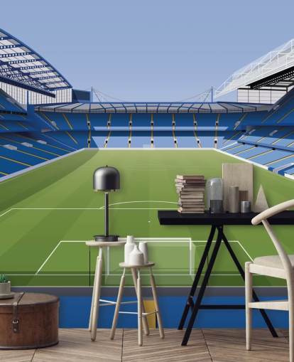mural de papel de parede azul e verde do Chelsea chamado Estádio de Futebol Stamford Bridge, de Matthew J I Wood Design & Illustration para quartos infantis