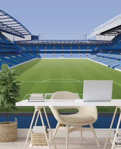 Carta da parati murale blu e verde del Chelsea chiamata Stamford Bridge Football Stadium di Matthew J I Wood Design & Illustration per camerette per bambini