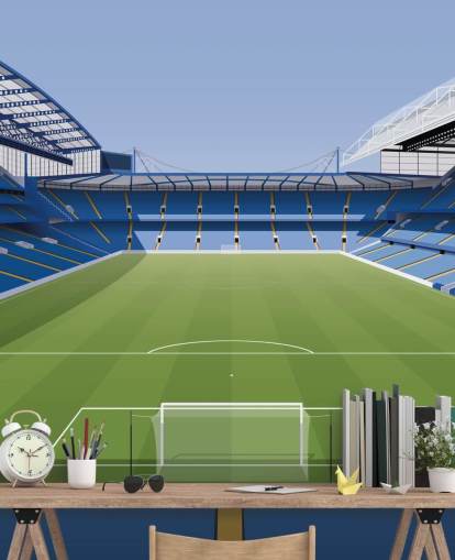 mural azul y verde del Chelsea llamado Estadio de fútbol Stamford Bridge de Matthew J I Wood Diseño e ilustración para dormitorios de niños