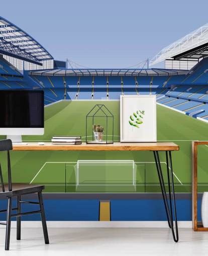 mural de papel de parede azul e verde do Chelsea chamado Estádio de Futebol Stamford Bridge, de Matthew J I Wood Design & Illustration para quartos infantis