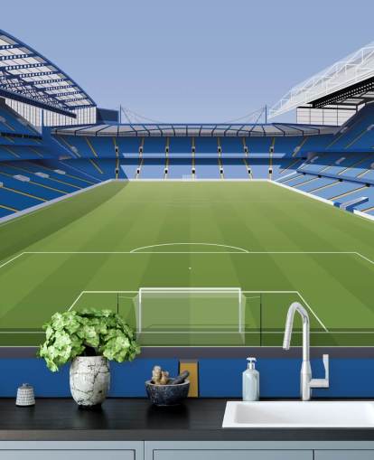 papier peint mural bleu et vert de Chelsea appelé Stamford Bridge Football Stadium par Matthew J I Wood Design & Illustration pour chambres d'enfants