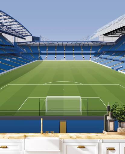 mural azul y verde del Chelsea llamado Estadio de fútbol Stamford Bridge de Matthew J I Wood Diseño e ilustración para dormitorios de niños mural azul y verde del Chelsea llamado Estadio de fútbol Stamford Bridge de Matthew J I Wood Diseño e ilustración para dormitorios de niños