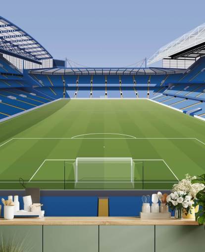 blue and green Chelsea wallpaper mural called Stamford Bridge Football Stadium by Matthew J I Wood Design & Illustration for kids bedrooms blue and green Chelsea wallpaper mural called Stamford Bridge Football Stadium by Matthew J I Wood Design & Illustration for kids bedrooms