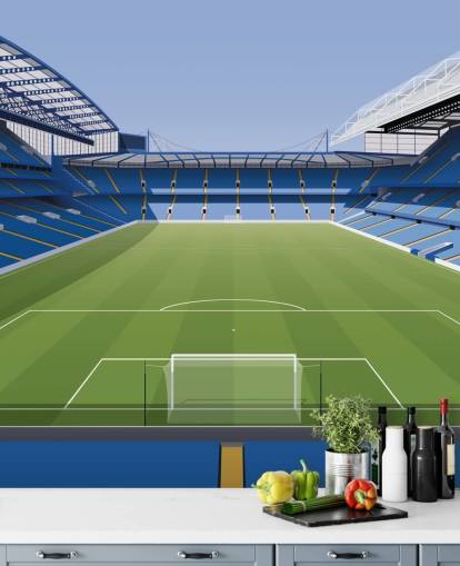 mural azul y verde del Chelsea llamado Estadio de fútbol Stamford Bridge de Matthew J I Wood Diseño e ilustración para dormitorios de niños