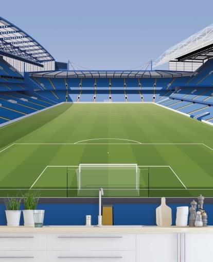 blått og grønt Chelsea tapetmaleri kalt Stamford Bridge Football Stadium av Matthew J I Wood Design & Illustrasjon for barnerom blått og grønt Chelsea tapetmaleri kalt Stamford Bridge Football Stadium av Matthew J I Wood Design & Illustrasjon for barnerom