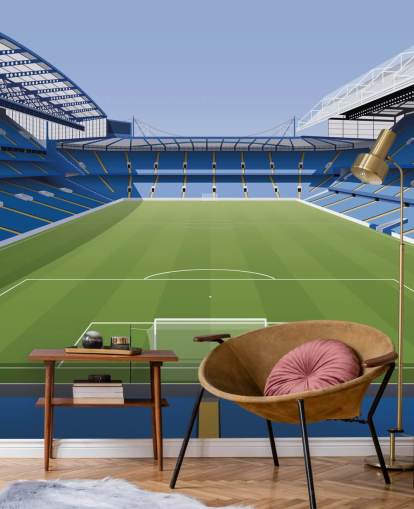 blå og grøn Chelsea tapetmaleri kaldet Stamford Bridge Football Stadium af Matthew J I Wood Design & Illustration til børns soveværelser blå og grøn Chelsea tapetmaleri kaldet Stamford Bridge Football Stadium af Matthew J I Wood Design & Illustration til børns soveværelser