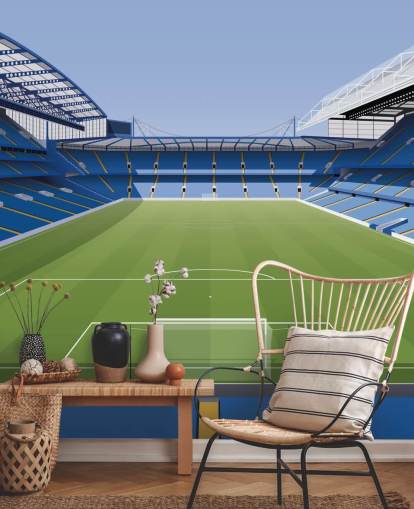 blue and green Chelsea wallpaper mural called Stamford Bridge Football Stadium by Matthew J I Wood Design & Illustration for kids bedrooms