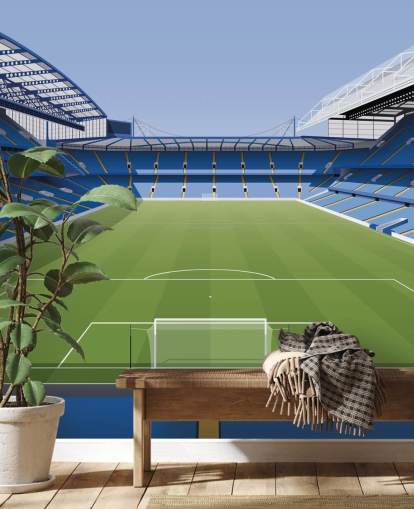 mural de papel de parede azul e verde do Chelsea chamado Estádio de Futebol Stamford Bridge, de Matthew J I Wood Design & Illustration para quartos infantis