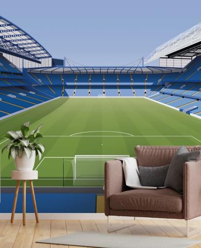 mural azul y verde del Chelsea llamado Estadio de fútbol Stamford Bridge de Matthew J I Wood Diseño e ilustración para dormitorios de niños