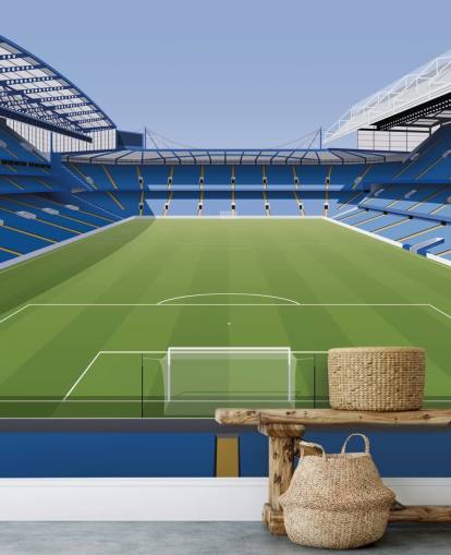 blue and green Chelsea wallpaper mural called Stamford Bridge Football Stadium by Matthew J I Wood Design & Illustration for kids bedrooms