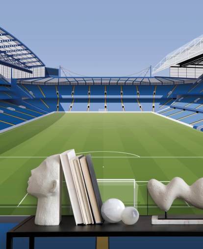 mural azul y verde del Chelsea llamado Estadio de fútbol Stamford Bridge de Matthew J I Wood Diseño e ilustración para dormitorios de niños