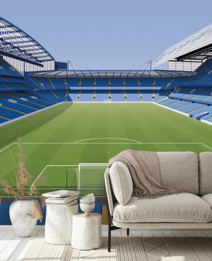 blått og grønt Chelsea tapetmaleri kalt Stamford Bridge Football Stadium av Matthew J I Wood Design & Illustrasjon for barnerom