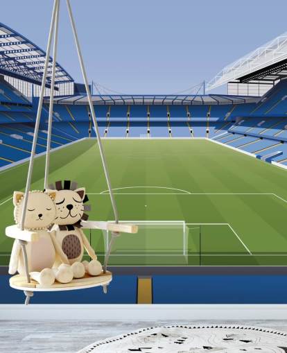 blue and green Chelsea wallpaper mural called Stamford Bridge Football Stadium by Matthew J I Wood Design & Illustration for kids bedrooms blue and green Chelsea wallpaper mural called Stamford Bridge Football Stadium by Matthew J I Wood Design & Illustration for kids bedrooms