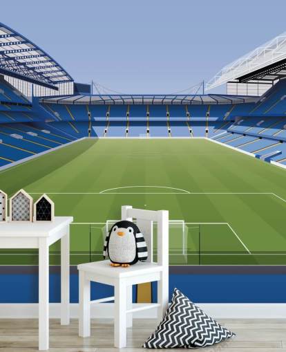 papier peint mural bleu et vert de Chelsea appelé Stamford Bridge Football Stadium par Matthew J I Wood Design & Illustration pour chambres d'enfants