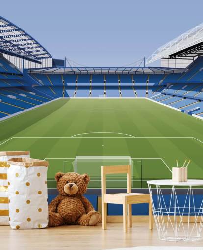 blue and green Chelsea wallpaper mural called Stamford Bridge Football Stadium by Matthew J I Wood Design & Illustration for kids bedrooms