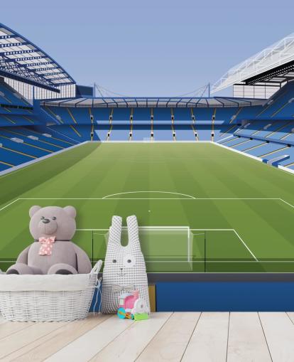 mural de papel de parede azul e verde do Chelsea chamado Estádio de Futebol Stamford Bridge, de Matthew J I Wood Design & Illustration para quartos infantis