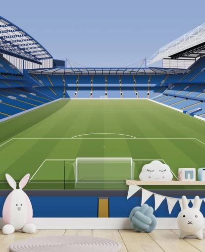 blue and green Chelsea wallpaper mural called Stamford Bridge Football Stadium by Matthew J I Wood Design & Illustration for kids bedrooms
