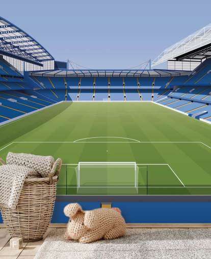 blue and green Chelsea wallpaper mural called Stamford Bridge Football Stadium by Matthew J I Wood Design & Illustration for kids bedrooms blue and green Chelsea wallpaper mural called Stamford Bridge Football Stadium by Matthew J I Wood Design & Illustration for kids bedrooms