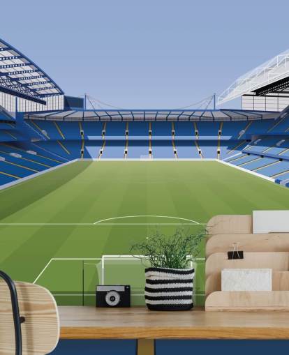 sininen ja vihreä Chelsea-taustakuvamaalaus nimeltä Stamford Bridge Football Stadium, kirjoittanut Matthew J I Wood Design & Illustration lasten makuuhuoneisiin