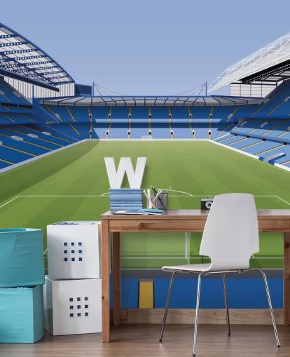 blå og grøn Chelsea tapetmaleri kaldet Stamford Bridge Football Stadium af Matthew J I Wood Design & Illustration til børns soveværelser blå og grøn Chelsea tapetmaleri kaldet Stamford Bridge Football Stadium af Matthew J I Wood Design & Illustration til børns soveværelser