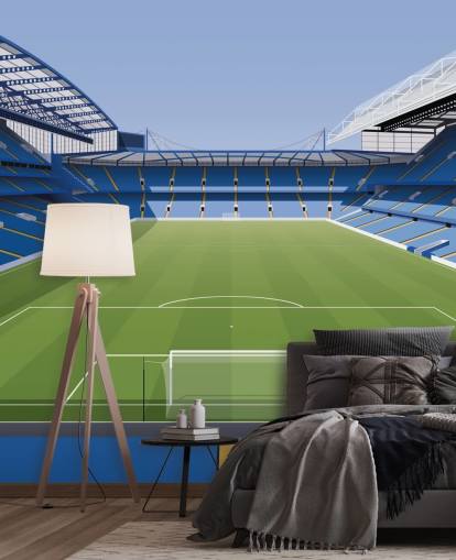 papier peint mural bleu et vert de Chelsea appelé Stamford Bridge Football Stadium par Matthew J I Wood Design & Illustration pour chambres d'enfants