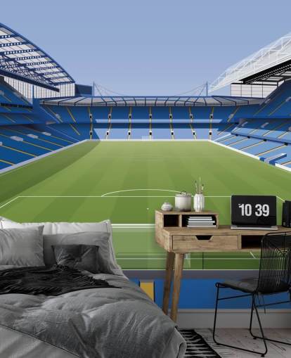 blå och grön Chelsea tapetväggmålning som heter Stamford Bridge Football Stadium av Matthew J I Wood Design & Illustration för barns sovrum