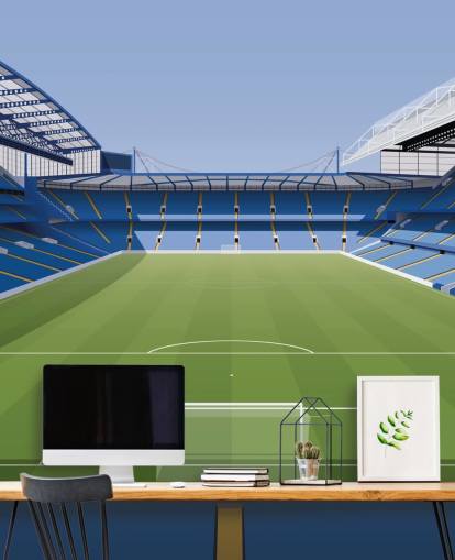 blå og grøn Chelsea tapetmaleri kaldet Stamford Bridge Football Stadium af Matthew J I Wood Design & Illustration til børns soveværelser