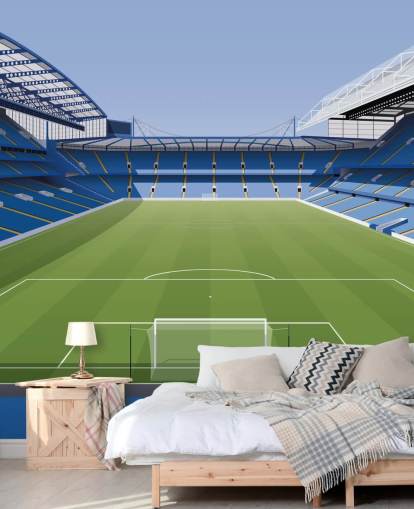 blue and green Chelsea wallpaper mural called Stamford Bridge Football Stadium by Matthew J I Wood Design & Illustration for kids bedrooms