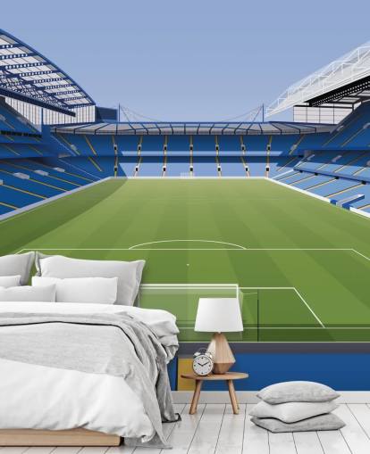 mural azul y verde del Chelsea llamado Estadio de fútbol Stamford Bridge de Matthew J I Wood Diseño e ilustración para dormitorios de niños