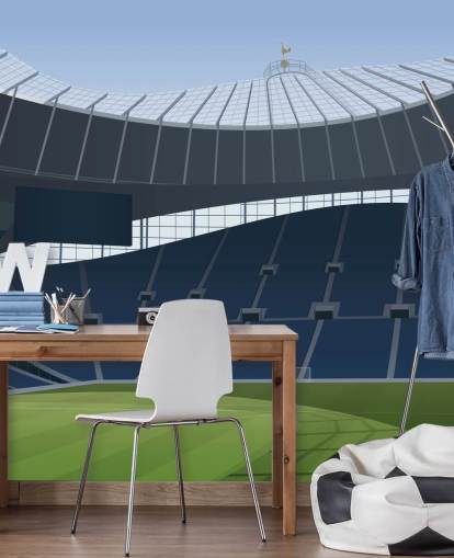 Blaue und grüne Fußballstadion-Tapete namens Tottenham Hotspur Stadium Football Stadium von Matthew J I Wood Design & Illustration für Kinderzimmer Blaue und grüne Fußballstadion-Tapete namens Tottenham Hotspur Stadium Football Stadium von Matthew J I Wood Design & Illustration für Kinderzimmer