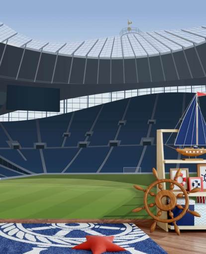 carta da parati blu e verde dello stadio di calcio chiamata Tottenham Hotspur Stadium Football Stadium di Matthew J I Wood Design & Illustration per camerette per bambini