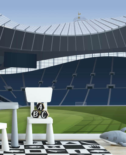 carta da parati blu e verde dello stadio di calcio chiamata Tottenham Hotspur Stadium Football Stadium di Matthew J I Wood Design & Illustration per camerette per bambini