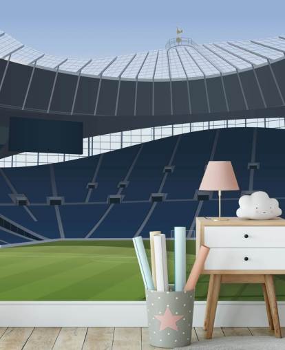 carta da parati blu e verde dello stadio di calcio chiamata Tottenham Hotspur Stadium Football Stadium di Matthew J I Wood Design & Illustration per camerette per bambini