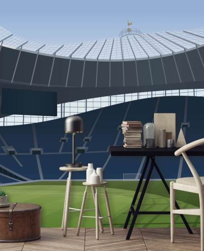 carta da parati blu e verde dello stadio di calcio chiamata Tottenham Hotspur Stadium Football Stadium di Matthew J I Wood Design & Illustration per camerette per bambini